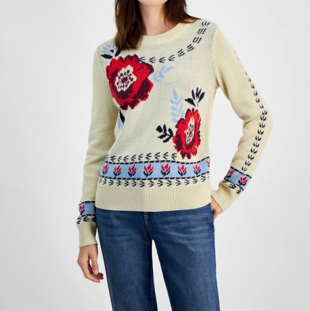 Style & Co Floral Festivity Crewneck Pullover Knit Sweater Size M Preppy Boho